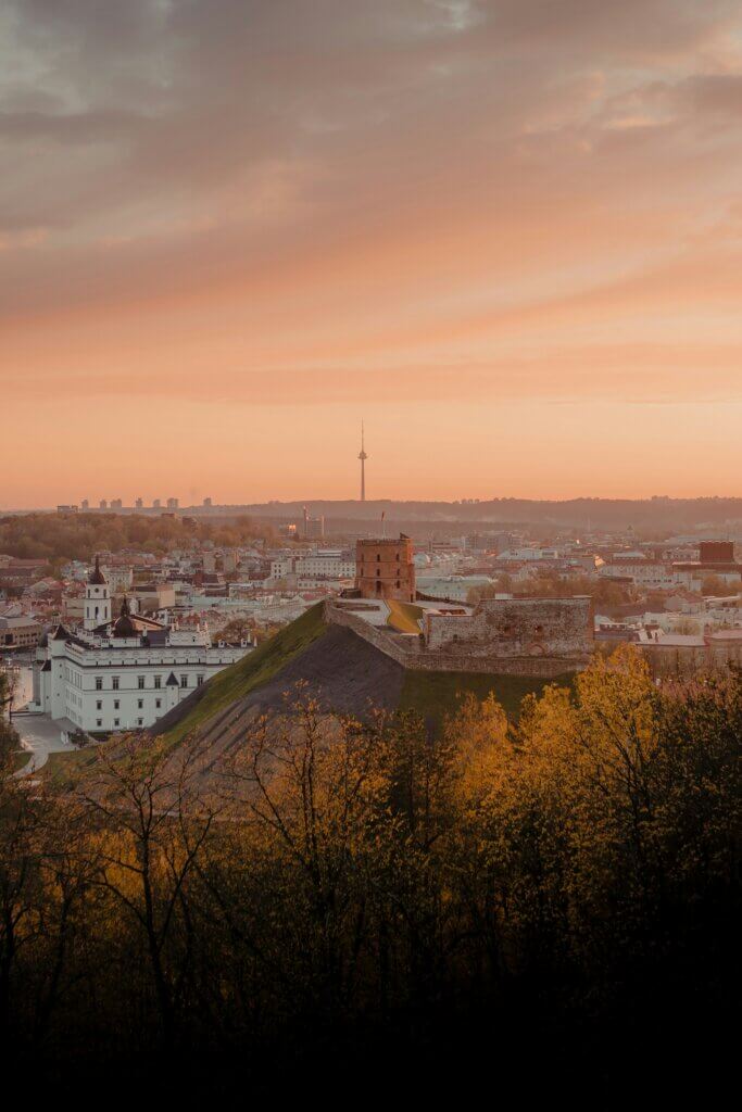View of Vilnius Old Town at dusk, near Neuropulsas clinic