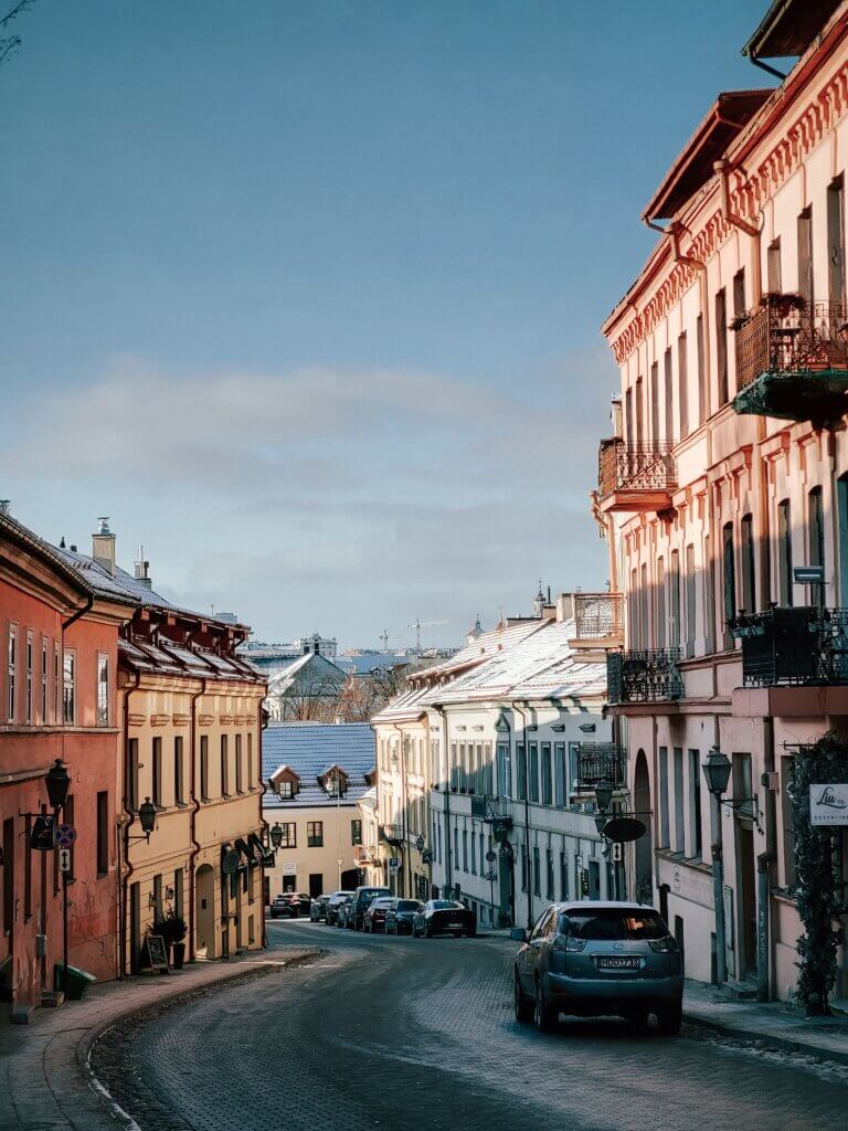 Narrow cobblestone street in Vilnius Old Town, near Neuropulsas clinic